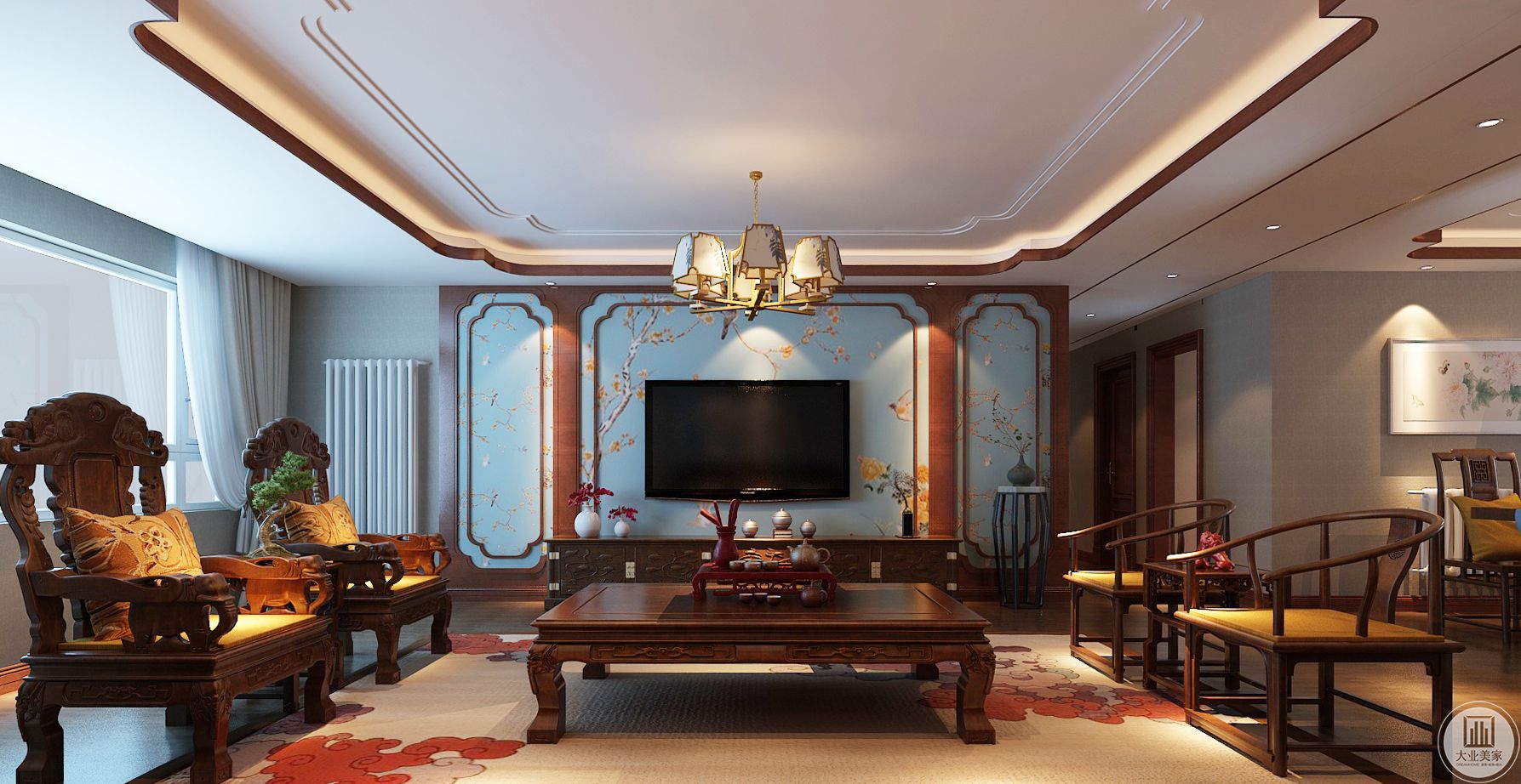 华丽优雅的中式家具和墙顶面弧线吊顶的结合，让整个空间更优雅和和谐