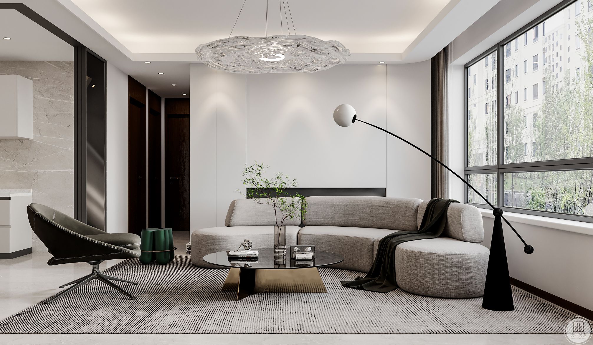 客厅金属元素的运用现代感十足，深绿色边几和透明吊灯造型新颖