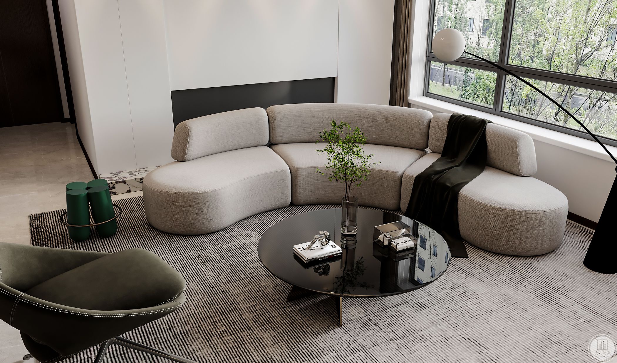 弧形布艺沙发搭配皮质单椅、玻璃质感茶几让整个空间不再单调