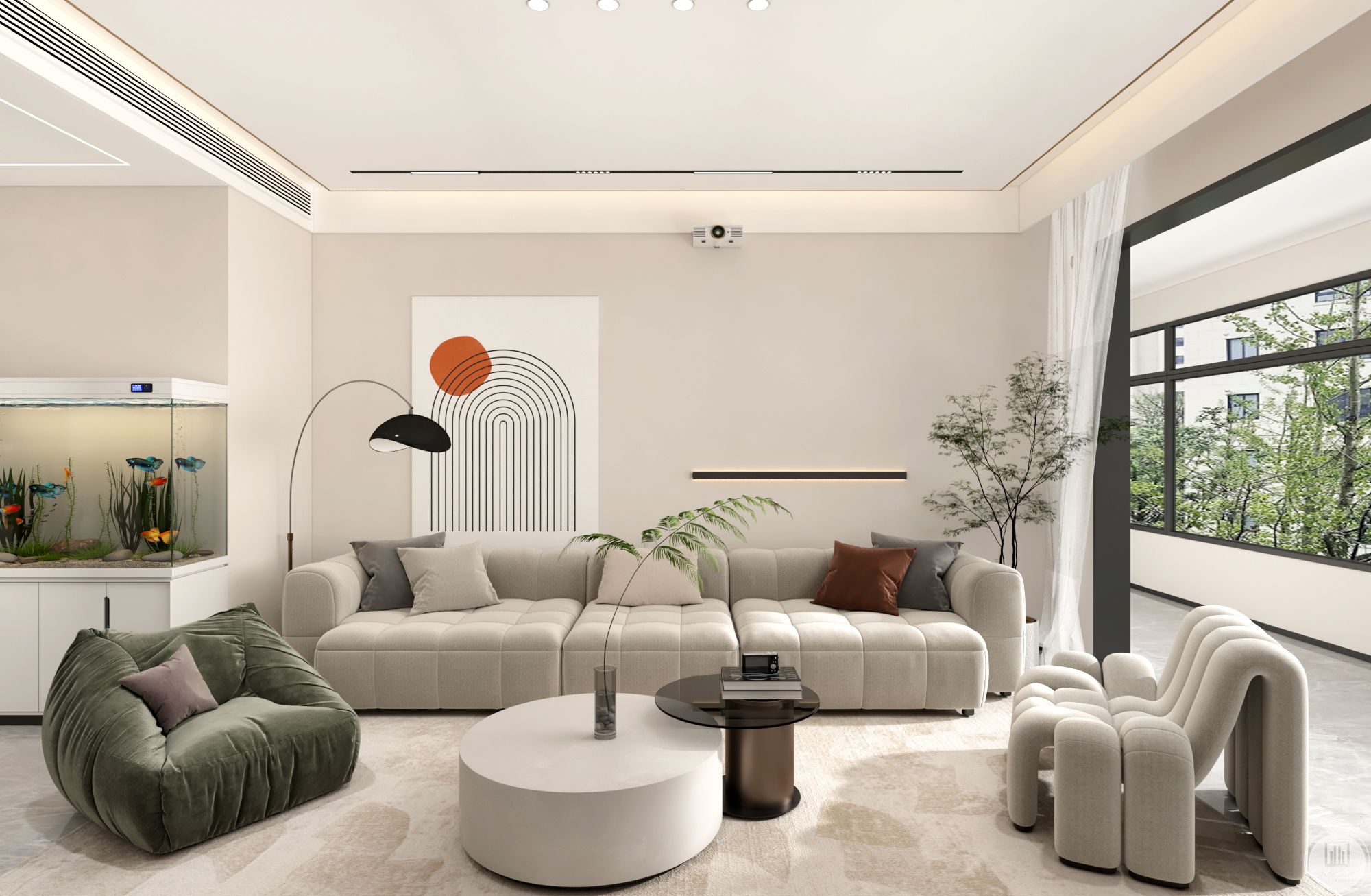 客厅以米色为主体颜色，深绿色点缀，提升空间层次感。透过有设计感的单椅将焦点集中在家具造型及设计感上