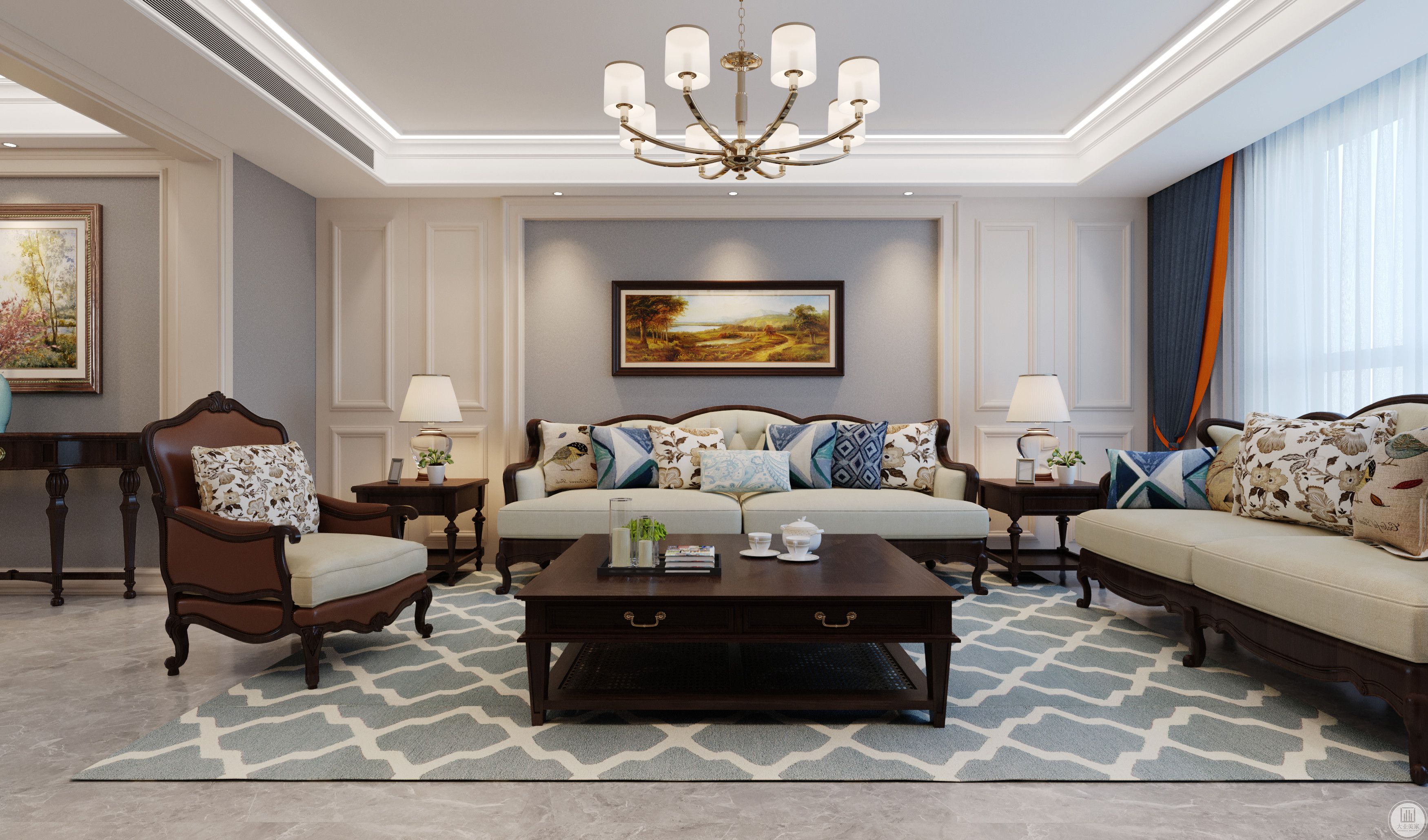 客厅采用比较经典的对称设计，让客厅显得端庄大气。颜色也是采用米白色墙板加上浅灰色壁布，让整个空间的的色调更有对比度。