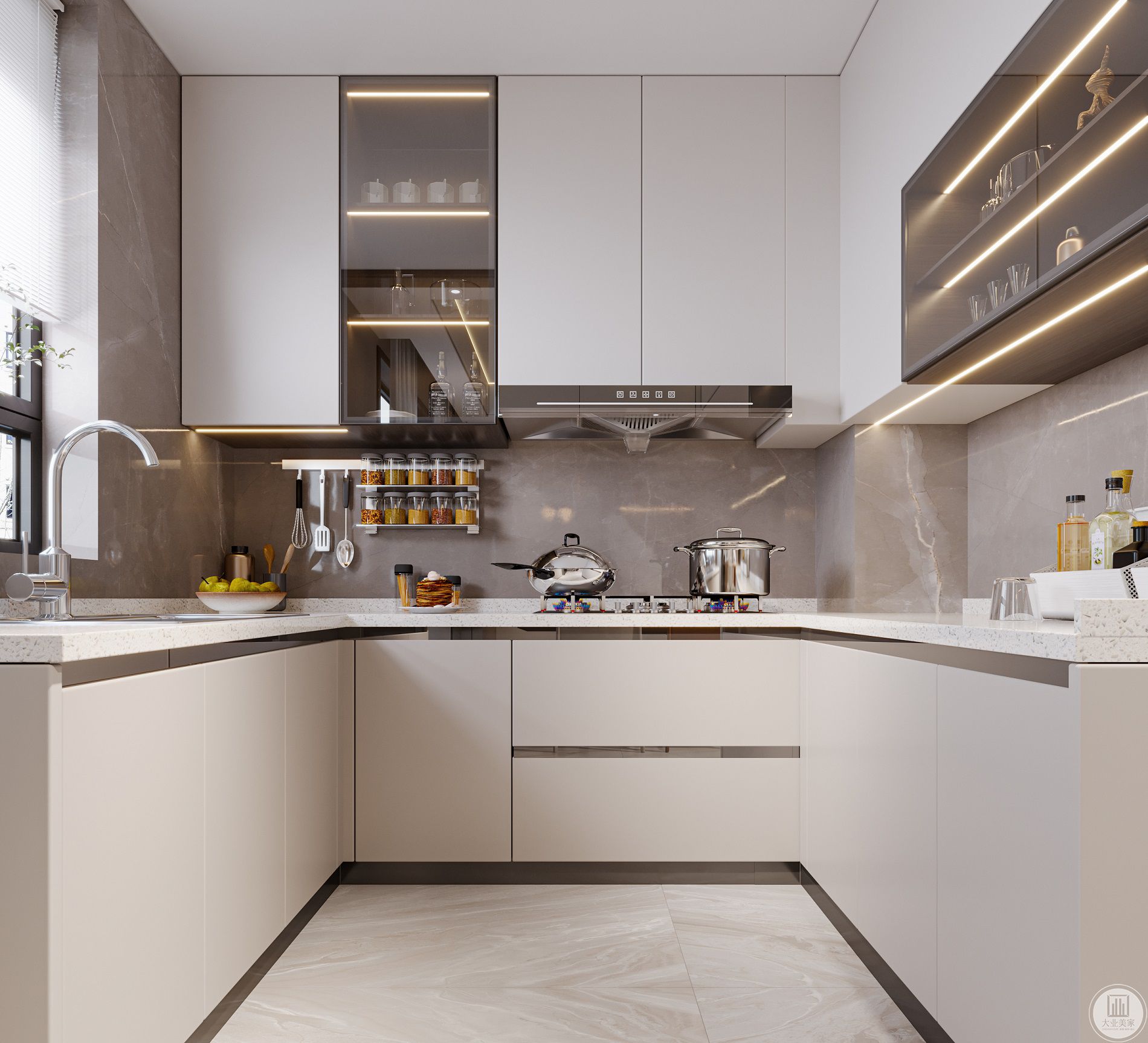 厨房充分利用空间，增加收纳，暖灰色瓷砖搭配白色超晶板柜门，在这个生活起来油盐酱醋的空间里，更显干净利落。