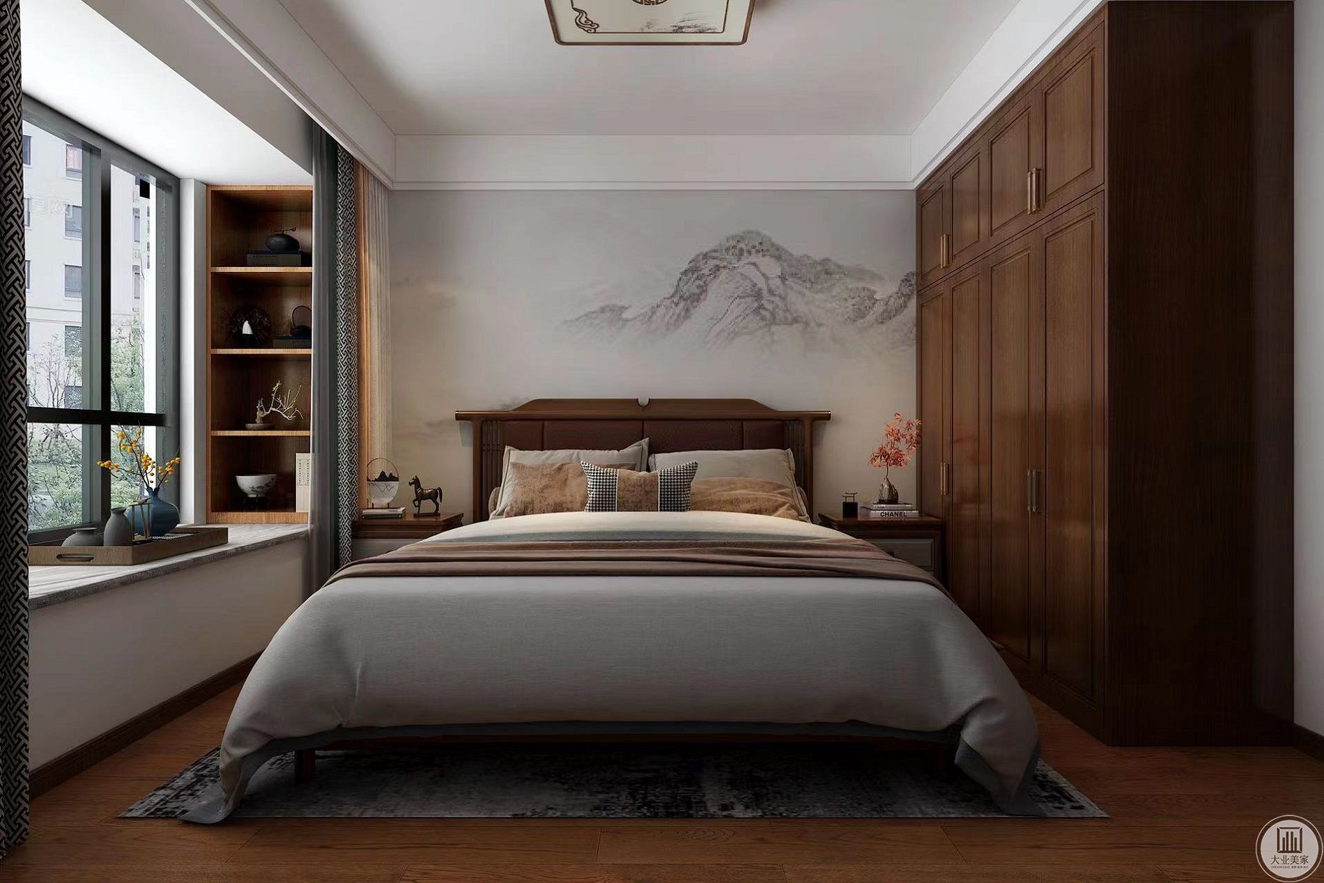 卧室空间简洁明了，整体风格，木作颜色与客厅做到统一.jpg