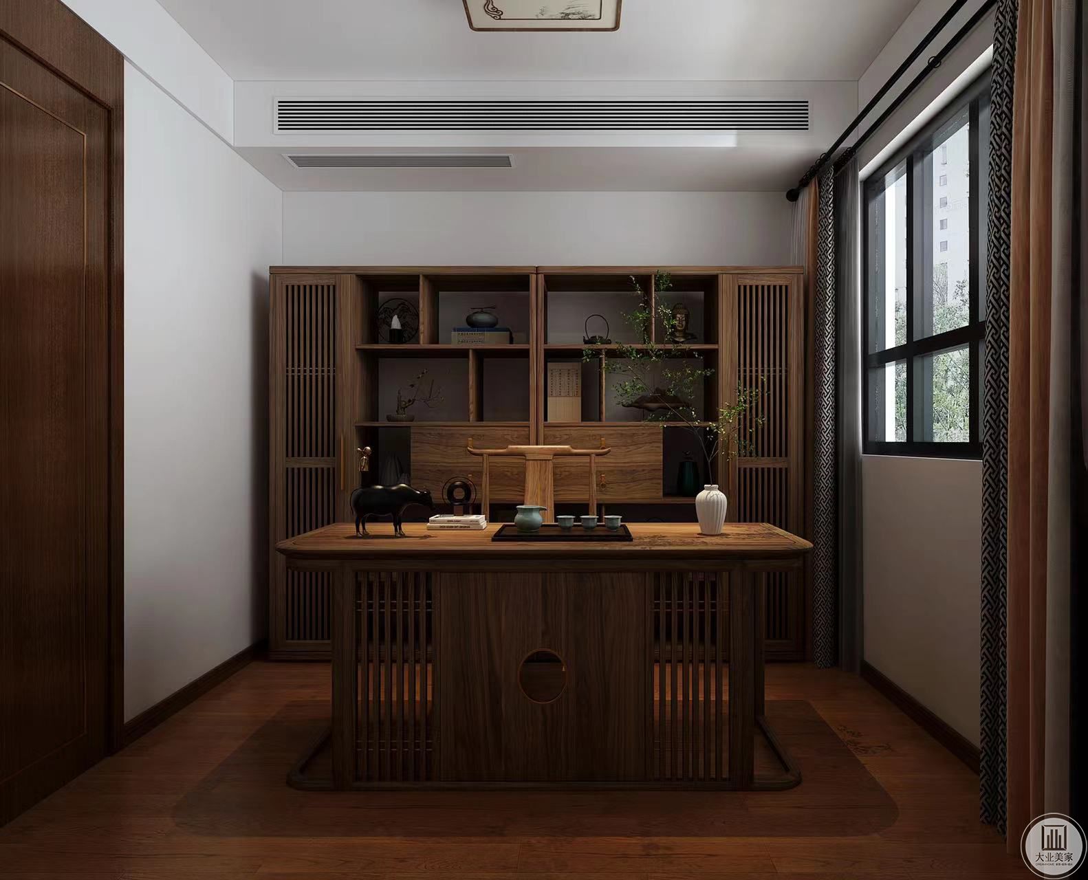 书房整体成品书柜，整体风格，木作颜色与客厅做到统一.jpg