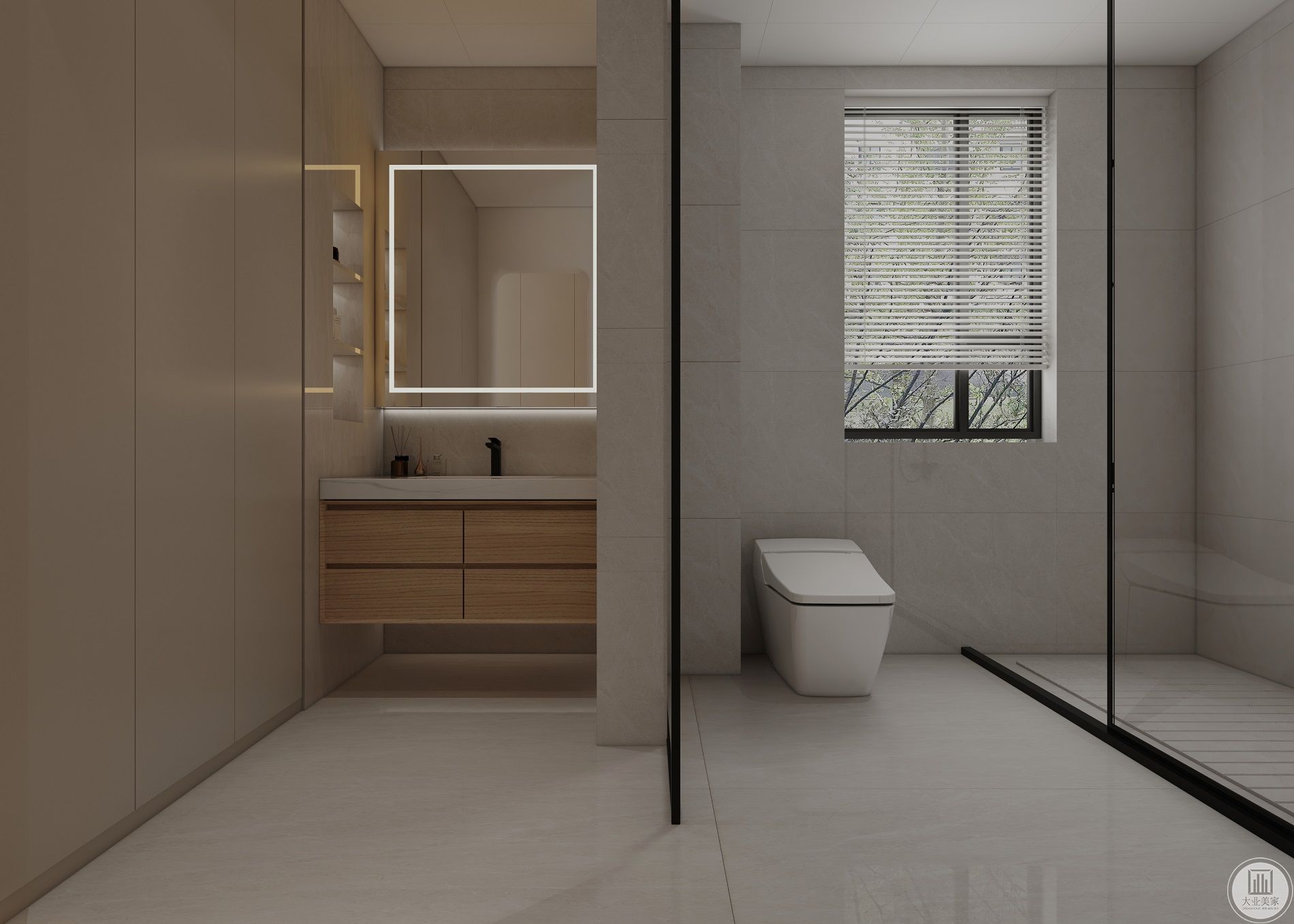 卫生间墙砖地砖色调统一，这样整个空间的感觉就十分的简洁，舒适。悬空的洗手台设计，让清洁卫生的时候更加方便.jpg